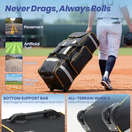 81L Rolling Baseball Bag with Wheels, Softball Catchers Gear Bags for 4 Bats (Fits Up To 34"), Separate Shoe Compartment, Safety Reflective Strip, Fence Hook, Foldable T-Bag for Youth & Adult - color: Black