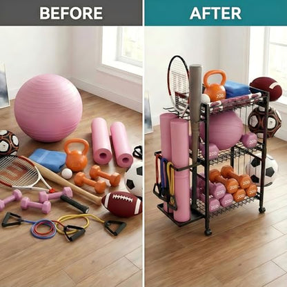 Home Gym Storage Rack 3-Tier Dumbbell Rack with Ball Holder & Side Basket Heavy Duty Vertical Workout Equipment Organizer for Yoga Mats Lockable Wheels