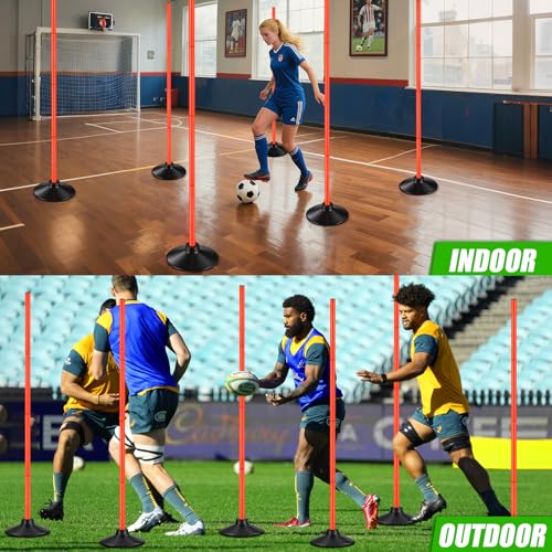 TOBWOLF 6PCS 5.3FT Adjustable Soccer Agility Poles with Rubber Bases, Detachable Soccer Training Poles, Soccer Sticks with Organizer Bag for Football, Rugby, Basketball, Turf, Indoor & Outdoor