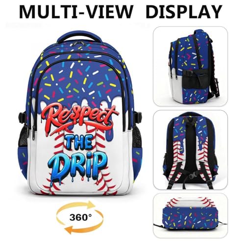 Kids Baseball Backpack Baseball Drip Bookbag, Cool 17 Inch Schoolbag for Elementary High Middle College Students - color: Navy Blue