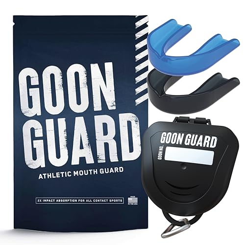 Goon Guard Hockey Mouth Guard Strapless - Hockey Mouth Guard for Youth, Adults, & Braces: 2X The Impact Absorption, Made in The USA, Case Included - color: Black/Blue, size: Adult