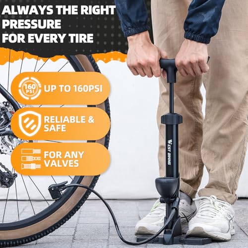 Bike Floor Pump, Bikes Pump with Gauge,Bicycle Air Pump with High Pressure 160 Psi, BikeTire Pump with Presta Schrader Valves，Portable Hand Pump Bike, Fits Road Bikes MTB E-Bike, Ball - color: Black