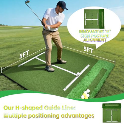 (Enlarged×Thickened) Golf Mat 31mm, 5x5ft Dual-Turf Golf Hitting Mat with Ball Tray for Outdoor, Thickened Heavy Duty Commercial Golf Mat, High-Elasticity Golf Practice Mat for Simulator -Elite
