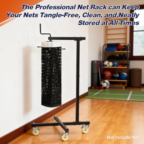 Movable Sports Net Storage Rack with Lockable Wheels, Heavy-Duty Holder for Volleyball, Tennis, Pickleball, Badminton Nets, Space-Saving Support Rack with Swivel Handle & Dust Covers - style: Holds 1 Net