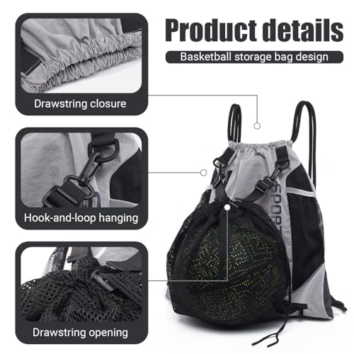 MiOYOOW Sports Drawstring Backpack, Waterproof Basketball Bag Large Gym Mesh Pockets for Outside Swimming Travel Beach