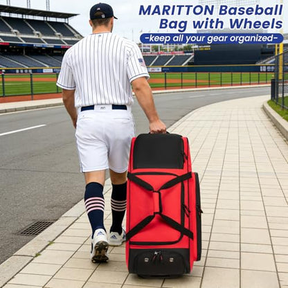 Rolling Baseball Catchers Gear Bag with Wheels, Large Baseball Softball Bag for 4 Bats with Shoe Compartment, Fence-Hooks and Multi-Pockets.