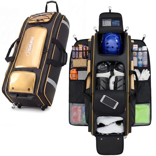 100L Rolling Catchers Gear Bag - Waterproof Baseball & Softball Duffle with 5 Fence Hooks, Locker-Style Organizer, Holds 8 Bats, Vented Shoe Zone - Icon Shield Edition