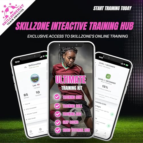 SkillZone Soccer Training Mat with Soccer Ball – Dribbling & Footwork Trainer | Indoor/Outdoor Soccer Training Kit with Interactive Video Hub, Grip Socks & Carry Bag | Control & Agility Practice