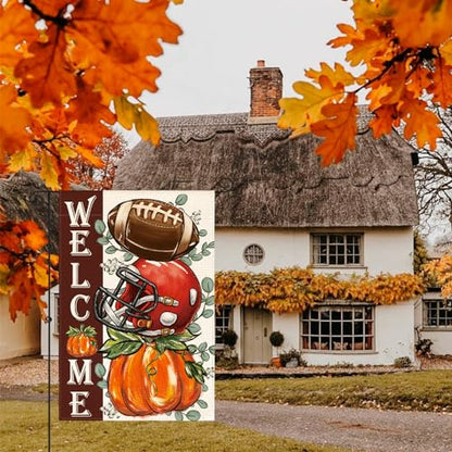 AVOIN colorlife Fall Football Garden Flag 12x18 Inch Double Sided Outside, Welcome Autumn Pumpkin Seasonal Yard Outdoor Flag Red
