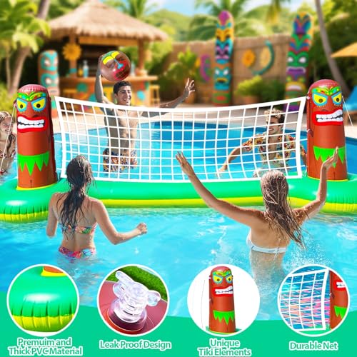 TURNMEON Inflatable Luau Tiki Pool Volleyball Net Game, Large 105"x28"x35" Floating Water Toy Set with Beach Ball for Adults Indoor Outdoor Tropical Hawaiian Summer Party Supplies