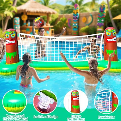 TURNMEON Inflatable Luau Tiki Pool Volleyball Net Game, Large 105"x28"x35" Floating Water Toy Set with Beach Ball for Adults Indoor Outdoor Tropical Hawaiian Summer Party Supplies
