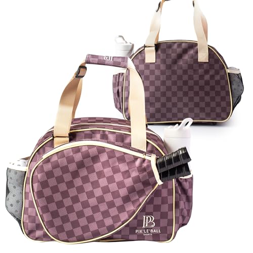 Pik’le’Ball Sport Premium Women's Pickleball Bag – Stylish and Versatile Sports Bag with Water Bottle Holder, Padded Paddle Pocket, and Spacious Design (fits 2+ Paddles!) - color: Checkered Chic Brown