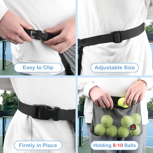 Tennis Ball Band Holder, Pickleball Ball Waist Bag with Adjustable Belt, Tennis Waist Storage Pouch, Mesh Waist Hip Ball Bag Pouch Carrier, Holding 8-10 Balls for Tennis, Pickleball, Golf Accessories