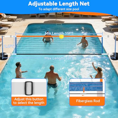 Pool Volleyball Net, Swimming Pool Volleyball Net with LED Light, 15-32FT Adjustable Length for All Pools, Portable 2 Water Volleyball & Pump for Family Pool Party Game Indoor/Outdoor