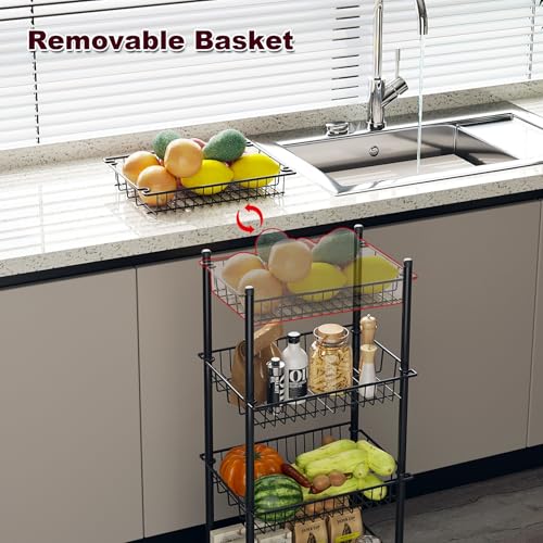 AWTATOS 4-Tier Rolling Cart, Storage Cart with Removable Baskets, Metal Utility Cart with Wheels, for Kitchen, Bathroom, Office, Laundry Room, Black (Patent)