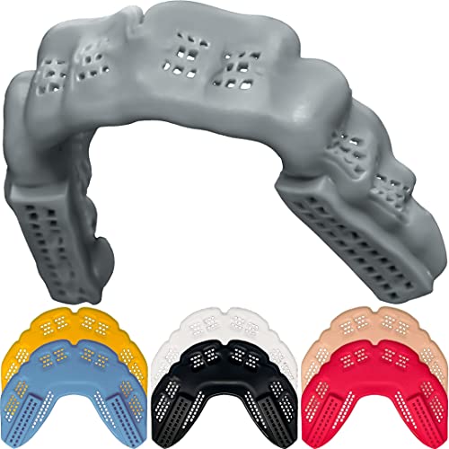 Bulletproof: World’s Thinnest Most Breathable Mouthguard is 3X Stronger! BJJ Lacrosse Football Basketball MMA Wrestling Hockey Rugby Boxing Men Sports Mouth Guard Grinding Teeth Adult Youth Braces - color: Dolphin Gray, size: ADULT