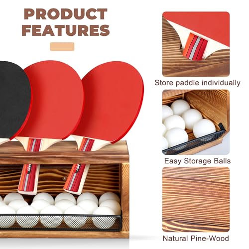 Ping Pong Storage Rack, Wall-Mount Table Tennis Paddle Display Holder with Ball Shelf, Racket Organizer Accessories Set for Game Room, Bar, Garage, Office, Home