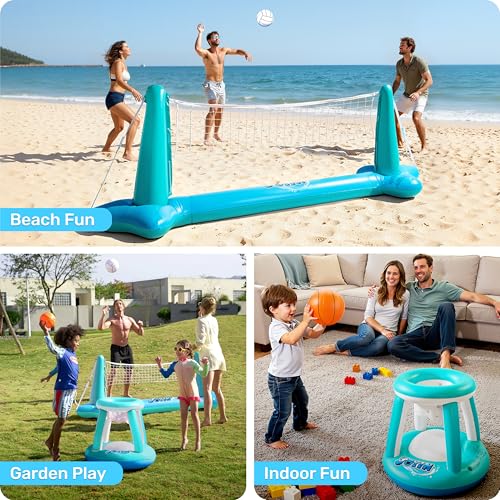 JOYIN XL Inflatable Pool Float Set, 125'' Volleyball Net & Basketball Hoops, Extra Large Floating Swimming Game Toy for Kids and Adults, Summer Floaties, Volleyball Court|Basketball, XL-Blue, Cyan - color: Blue Cyan, size: X-Large