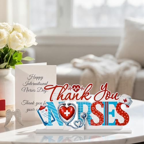 Smile Nurse Month Wooden Tabletop Decor Thank You Nurses Plaque with Stands Indoor Home Office Decor Nurse Appreciation Gift - style: Letter Nurse