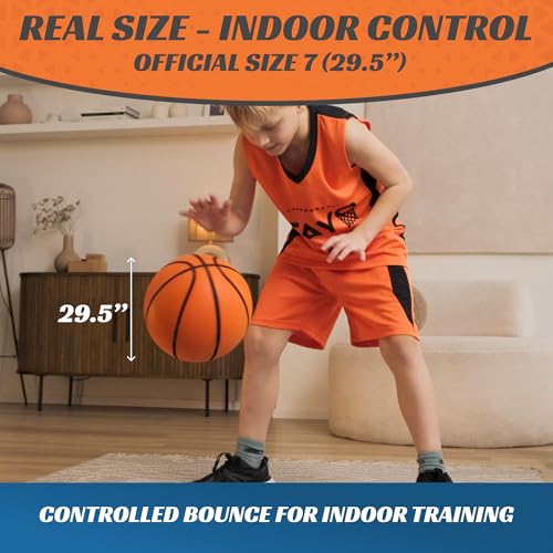 Silent Basketball Size 7 (29.5") - Airless High Bounce Indoor Foam Training Kit | Quiet Dribbling Ball for Apartments | Includes 24 Skill Challenge Cards + Stickers