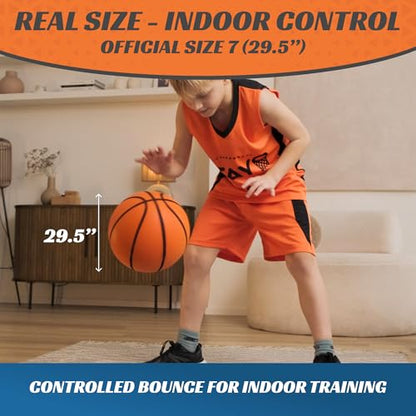 Silent Basketball Size 7 (29.5") - Airless High Bounce Indoor Foam Training Kit | Quiet Dribbling Ball for Apartments | Includes 24 Skill Challenge Cards + Stickers