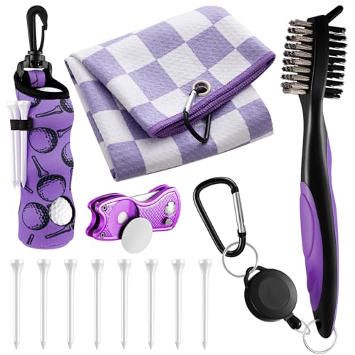 Liliful 12 Pcs Golf Accessories Kit, Include Golf Ball Bag with Hook Towel Tees Magnetic Ball Marker Divot Tool Cleaner Brush for Women Man Gifts - color: Purple, style: Checkered