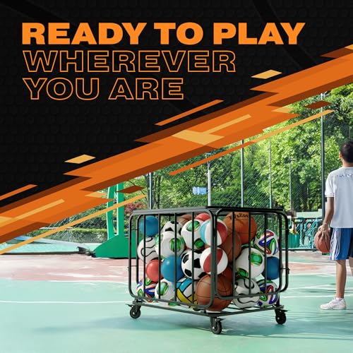 Houseables Ball Cart, Ball Storage, Basketball Cart, Basketball Storage Bin, Sports Equipment Organizer, Holder Cage with Wheels, Volleyball, Gym, Recess, Soccer, Playground, PE, Large Metal Basket