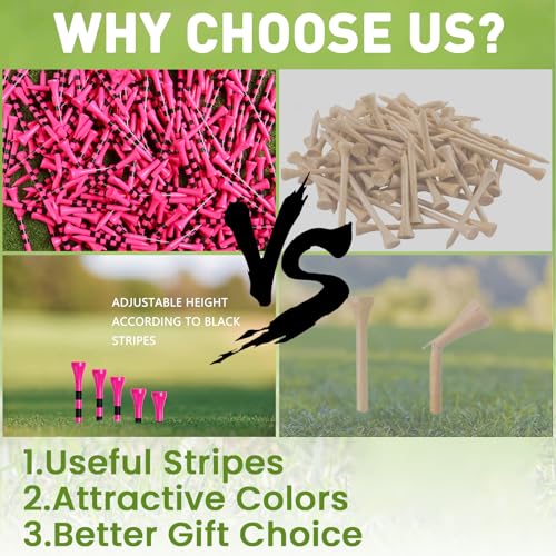 Bright Pink Golf Tees Wood 1 1/2" 2 1/8" 2 3/4" 3 1/4" Value 500/1000 Pack with Consistent Height Design, High Visibility Tees with Stripes & Stable Launch - size: 500Count(2 3/4 Inch)