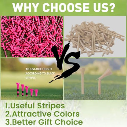 Bright Pink Golf Tees Wood 1 1/2" 2 1/8" 2 3/4" 3 1/4" Value 500/1000 Pack with Consistent Height Design, High Visibility Tees with Stripes & Stable Launch - size: 500Count(2 3/4 Inch)