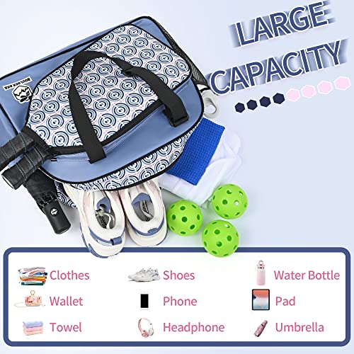 Boulder Bee Pickleball Bags, Premium Pickleball Tote Bag for Girls, Women’s Hand/Shoulder Gym Bag w Water Bottle Holder, with Pickleball Racquet/Paddle Holder - color: Blue Circle