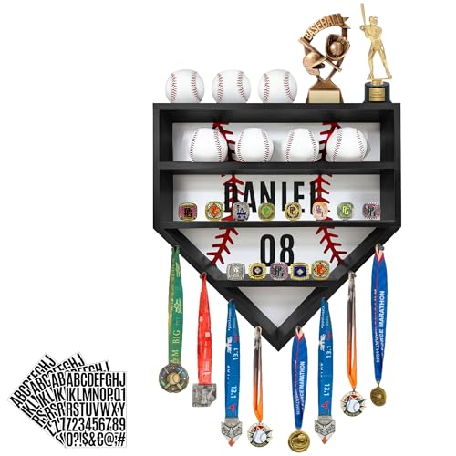 Baseball Display Case, Baseball Holder Display Case, Wooden Baseball Ring Holder, Wall Mount Baseball Display Cases for Balls, Medals and Name Tags, Black - color: Black