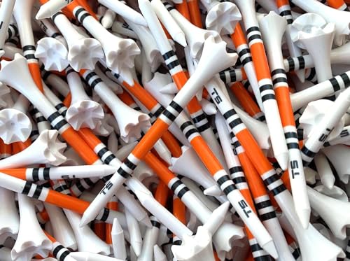 Premium USA Golf Tees – 3¼" or 2¾" Durable Plastic Performance Tees (100 Pack) – Made in USA – Bulk Value Pack - color: Orange and Black, size: 2 3/4