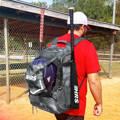 Hit Run Steal Bat Bag Backpack, Holds 4 Bats, Gloves, Helmet, and Cleats, Gray Camo