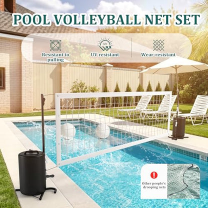 Pool Volleyball Net Set, No Drilling Base Free with Dual 25L Water Bags for Stability,Includes Heavy Duty Anti-Sag & 2 Volleyballs with Pump, for Above Ground & Inground Pools & Swimming Pool Games