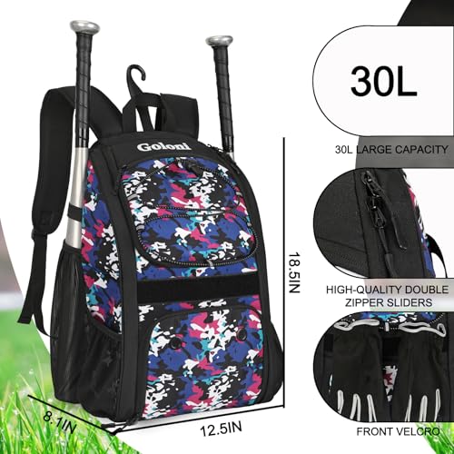 Goloni Youth Baseball Bag,Baseball Backpack with Shoes Compartment,Softball Bag with Fence Hook for T-Ball Bat & Equipment - color: Camouflage Blue