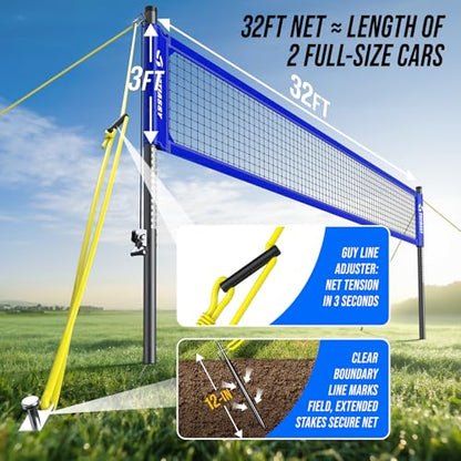 Professional Heavy Duty Volleyball Net Set for Backyard & Beach, Outdoor Net System with Steel Anti-Sag Winch, 32FT Reinforced Net, Height Adjustable Rust-Resistant Aluminum Poles, Portable Carry Bag