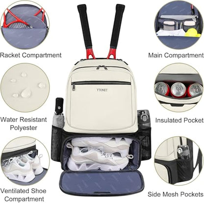Ytonet Tennis Bag Tennis Backpack for Women Men 2 Rackets with Insulated Pocket Ventilated Shoe Compartment - color: Beige