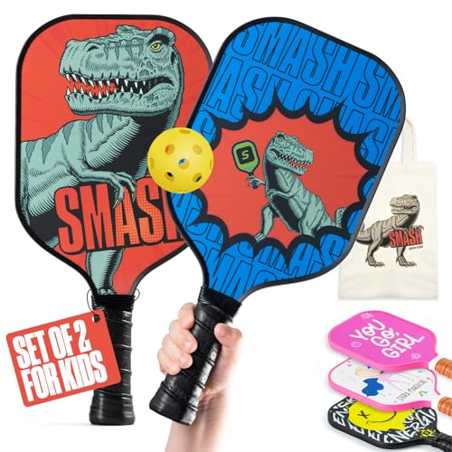 Sportbit Kids Pickleball Paddles Set of 1 or 2 - Child Size Pickleball Paddle for Kids Small and Lightweight - Carbon Fiber Youth Pickleball Paddle Set with Bag for Children Under 12. - color: 2-pack Dino