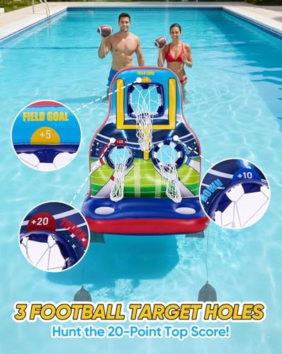 Inflatable Football Toss Pool Games Set, Football Target for Kids Age 8-12, Teens, Adults, Family, with 4 Water Footballs & 2 Pumps, Summer Swimming Pool Toys for Party, Beach, Lawn, Indoor/Outdoor