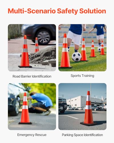 VEVOR Safety Cones, 6 Pack 36" Traffic Cones, PVC Orange Construction Cones with Reflective Collars and Black Weighted Base, for Traffic Control, Driveway Road Parking and School Improvement