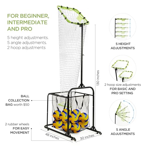 Volleyball Setter Training Equipment Volleyball Setting Trainer Setter Net with 2 Target Hoop Size 5 Angle and Height Adjustments Ball Collection Bag