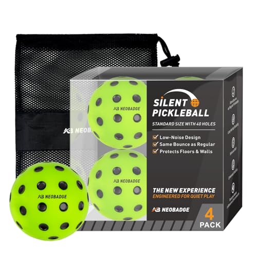 Silent Pickleball Balls - Quiet Practice for Indoor & Outdoor | Pro Foam, 40 Holes | Real Feel Like Traditional Pickleballs | USAPA Standard Bounce | 4-Pack + Bonus Mesh Bag - color: Green (Black Dots)