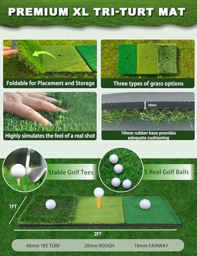 Golf Practice Net and Mat, 10x7FT Golf Net with Tri-Turf Mat & 10 Balls, Hitting Aid Nets for Backyard Driving Chipping Training Swing with Target Mat Balls for Outdoor Indoor, Gifts for Men/Dad/Him