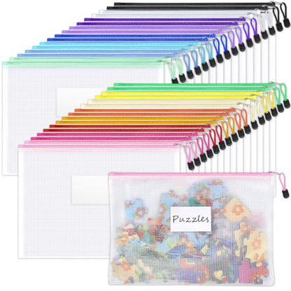 Sooez 32 Pack Mesh Zipper Pouch Bags, A4 Letter Size, Zipper Bags with Label Pocket, Waterproof Pouches for Classroom Organizer, Board Game Toy Storage, Document Bag for Teacher School Office Supplies - style: 32 Pack