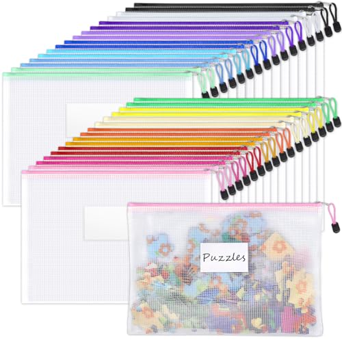 Sooez 32 Pack Mesh Zipper Pouch Bags, A4 Letter Size, Zipper Bags with Label Pocket, Waterproof Pouches for Classroom Organizer, Board Game Toy Storage, Document Bag for Teacher School Office Supplies - style: 32 Pack