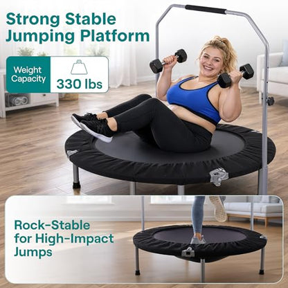 SereneLife 40" Foldable Mini Trampoline for Adults - Compact Fitness Rebounder with Adjustable Foam Handle, Exercise Trampoline with Max Load 330lbs, Indoor/Garden Whole-Body Workout - color: Black