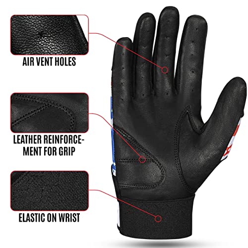 Hushe' American Flag Batting Gloves Softball Batting Gloves USA Flag Baseball Batting Gloves Youth Batting Gloves Baseball Batting Gloves Youth Kids Batting Goves Adults Unisex - size: Large, style: Youth