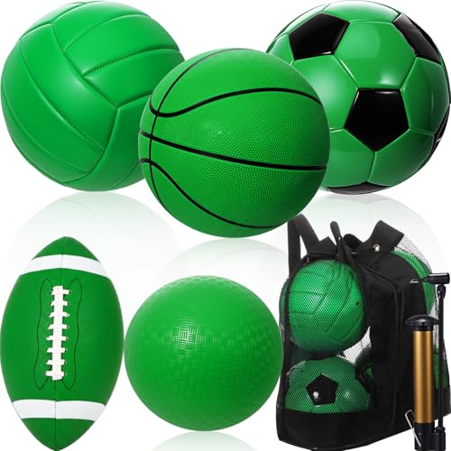 5 Pcs Multi Sports Balls Bulk Set Official Size Basketball Football Soccer Volleyball Playground Ball with Equipment Bag Pump for Indoor Outdoor Youth Adult Gifts - color: Green