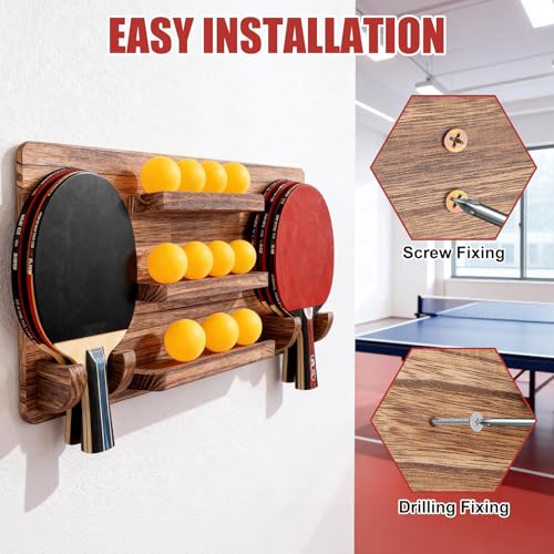 Ping Pong Paddle Holder, Wood Table Tennis Racket Display Wall Mounted Holder for 6 Paddles and 12 Balls Storage, Ping Pong Accessories Organizer for Game Room, Home
