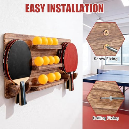 Ping Pong Paddle Holder, Wood Table Tennis Racket Display Wall Mounted Holder for 6 Paddles and 12 Balls Storage, Ping Pong Accessories Organizer for Game Room, Home